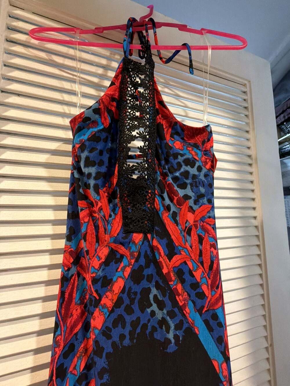 Silver Jeans Co. Halter Dress Blue Red Animal Leaf Print Lace Trim Size S
